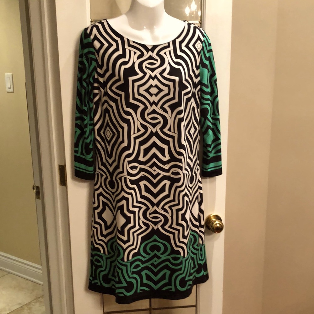Geometric Print Knit Dress in Black, White & Teal
